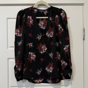 Express Black Blouse with Red Floral Design
